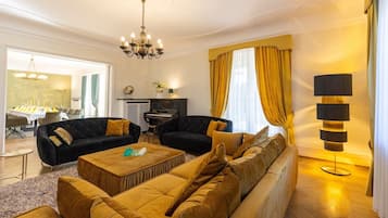 TV connectée, cheminée, livres