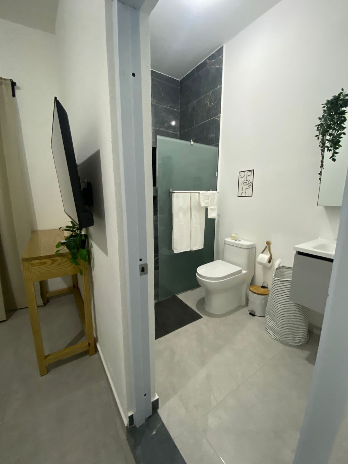 Et moderne badeværelse med bruser, toilet og håndvask.