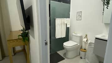 Et moderne badeværelse med bruser, toilet og håndvask.