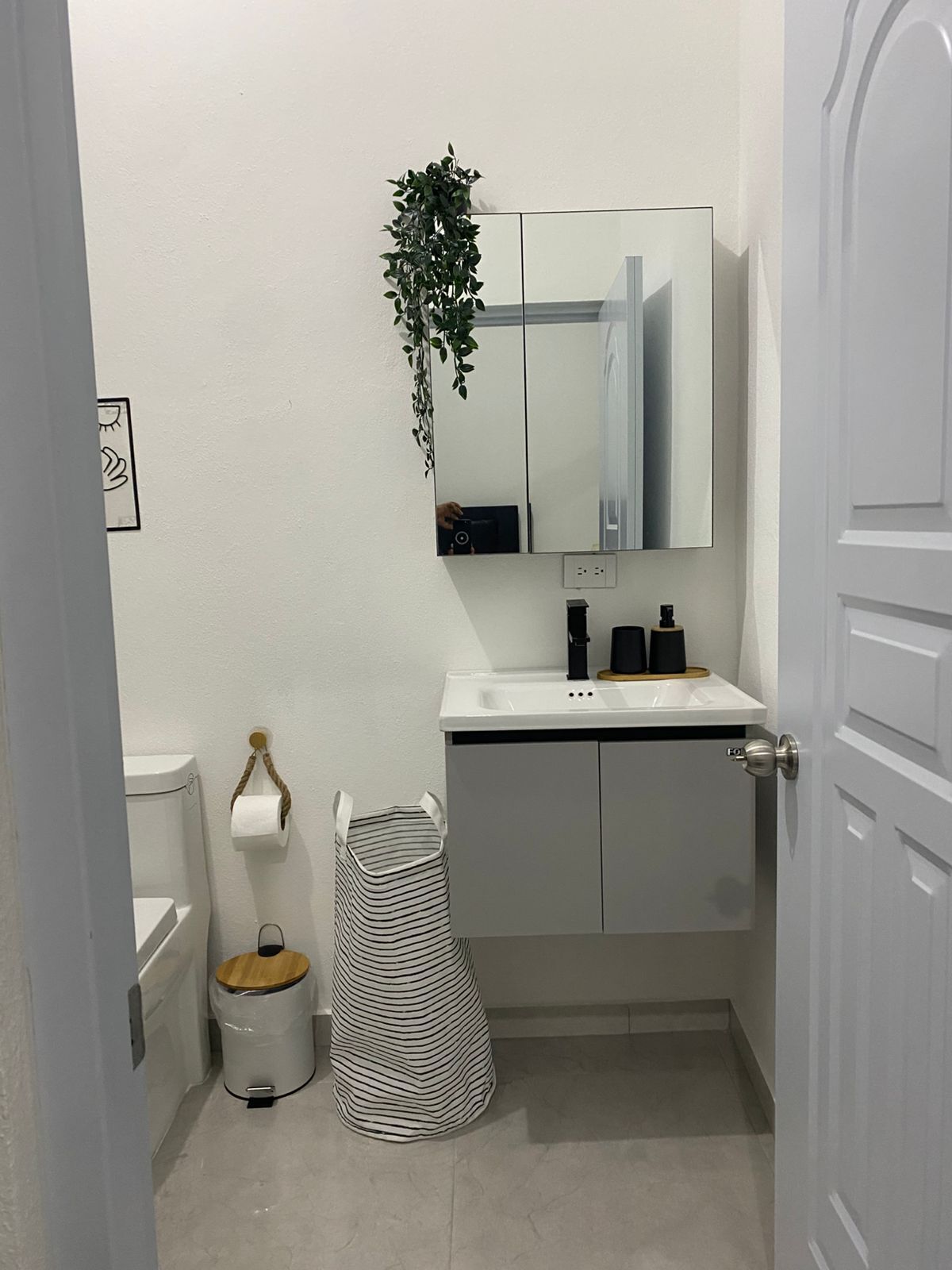 Un baño pequeño con un lavamanos, un espejo y un inodoro blancos. Se ve un cubo de basura a rayas y una planta pequeña.