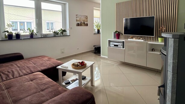 En moderne stue med sofa, sofabord, fjernsyn og skab.