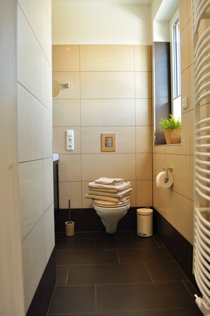 Shower, hair dryer, towels, toilet paper - Cozy, lovingly furnished apartment with fireplace and sauna in the Thuringian Forest (Suhl)