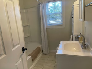 Hair dryer, towels, soap, toilet paper