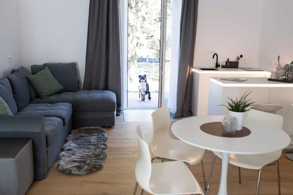Una sala de estar moderna con un sofá gris, una mesa de comedor blanca y una cocina con lavaplatos y encimera.
