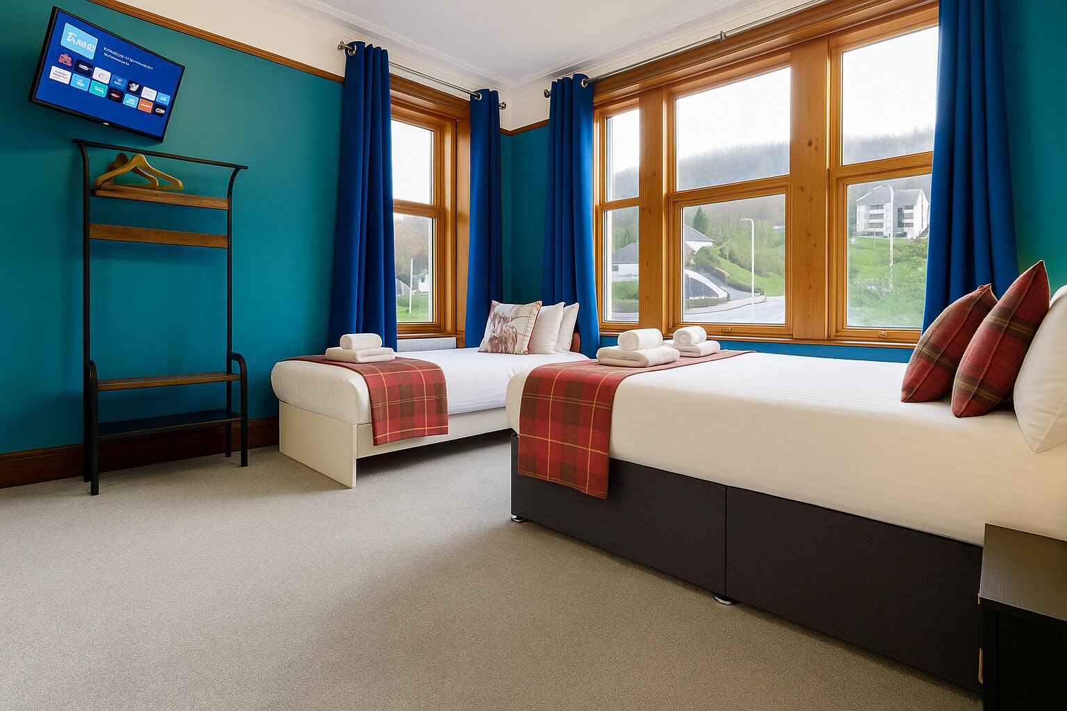 A hotel room with two beds, a TV on the wall, and large windows with curtains.
