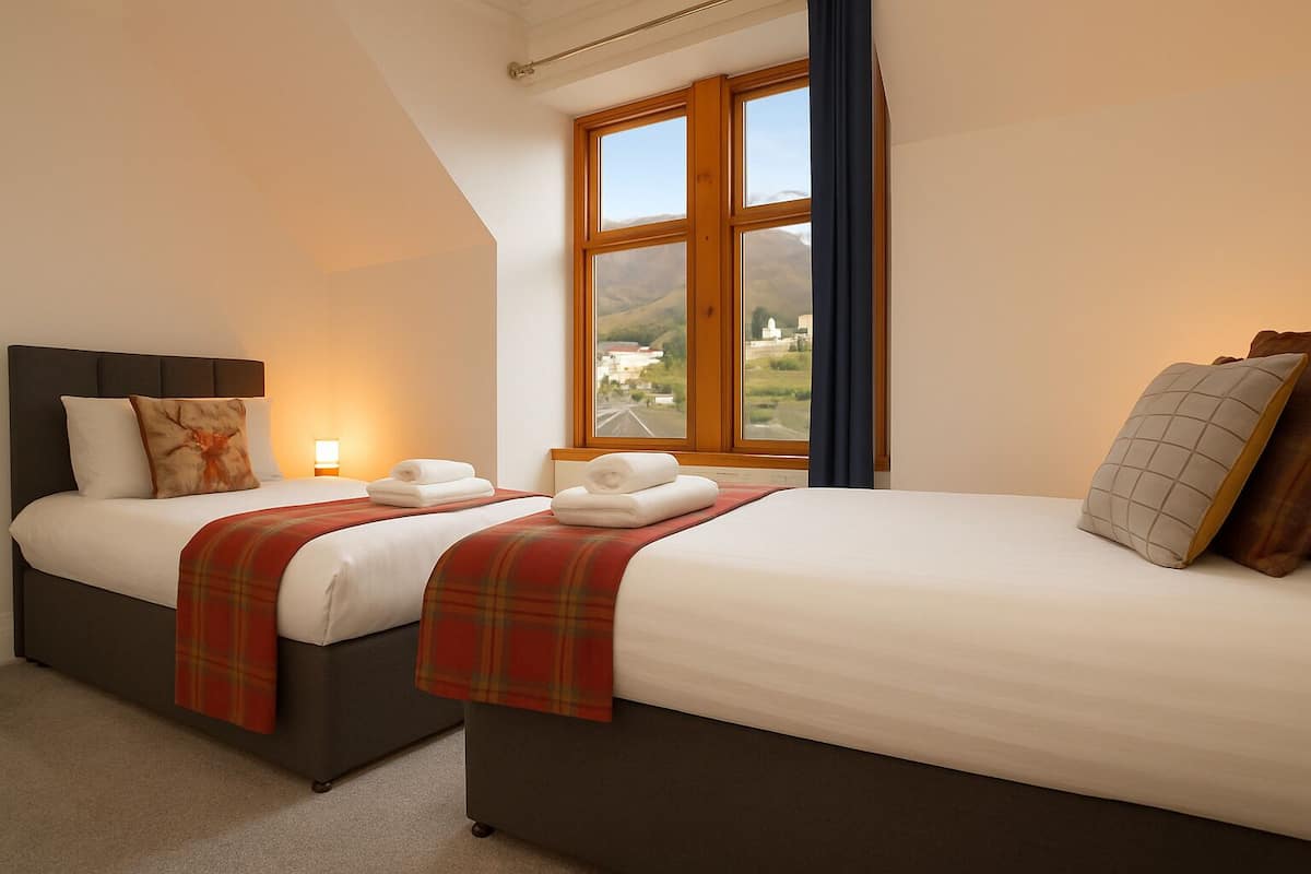 Habitación de hotel con dos camas, un ventanal con vistas y un cabecero.