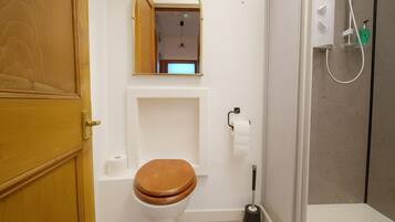 Un baño con puerta de madera, un inodoro con asiento de madera, un espejo, una zona de ducha con cabezal de ducha manual y un dispensador de papel higiénico.