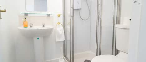 A modern bathroom with a glass-enclosed shower, a pedestal sink, and a toilet.