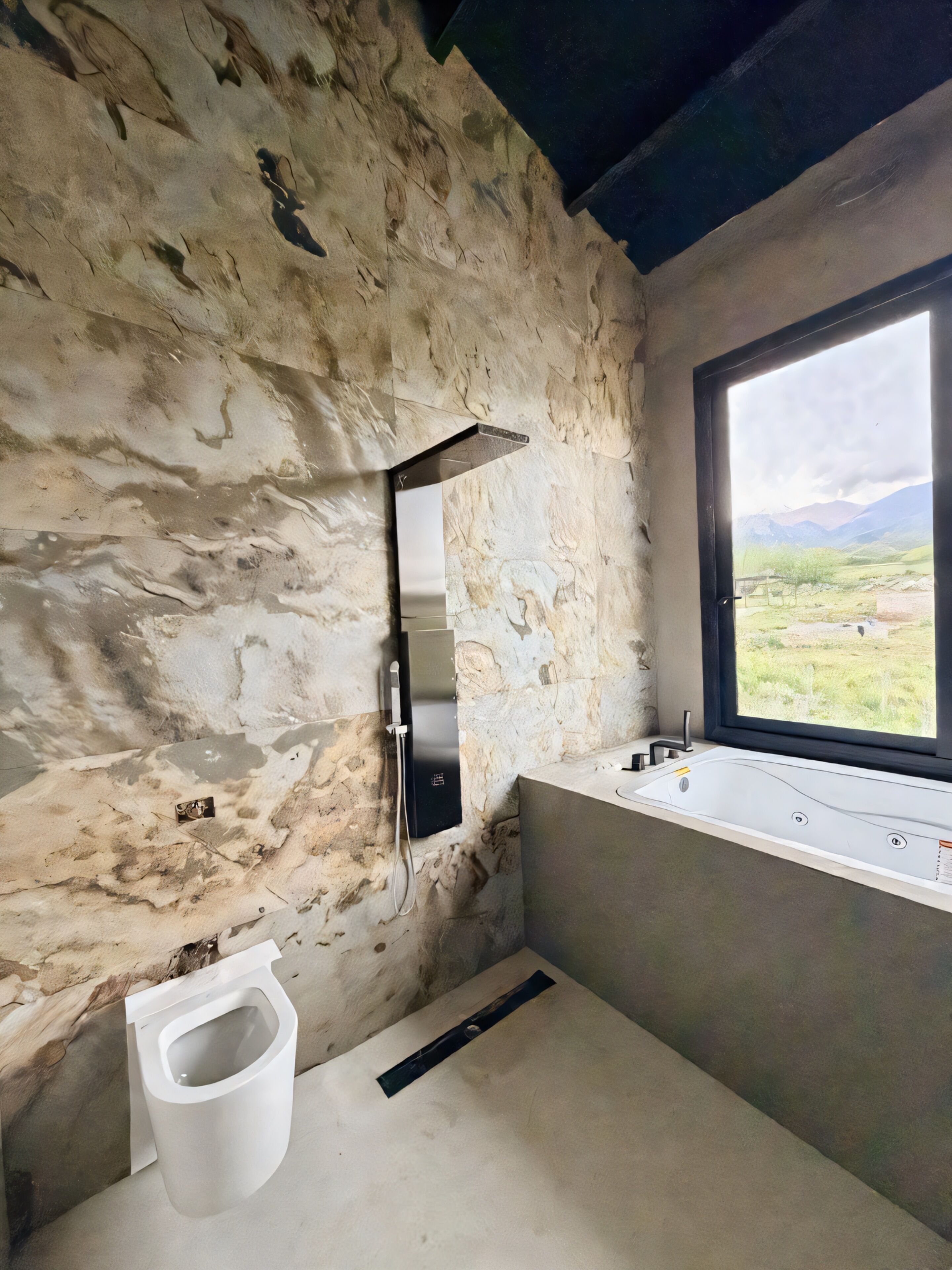 Separate tub and shower, slippers, towels, soap