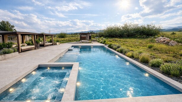 Una piscina rectangular con superficie de agua azul cristalina, rodeada por una solana de concreto y un área verde con arbustos y rocas.
