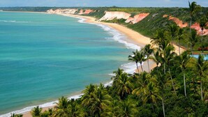 A coastal landscape with a beach, palm trees, and cliffs. - Vila Maremangue  (Porto Seguro)