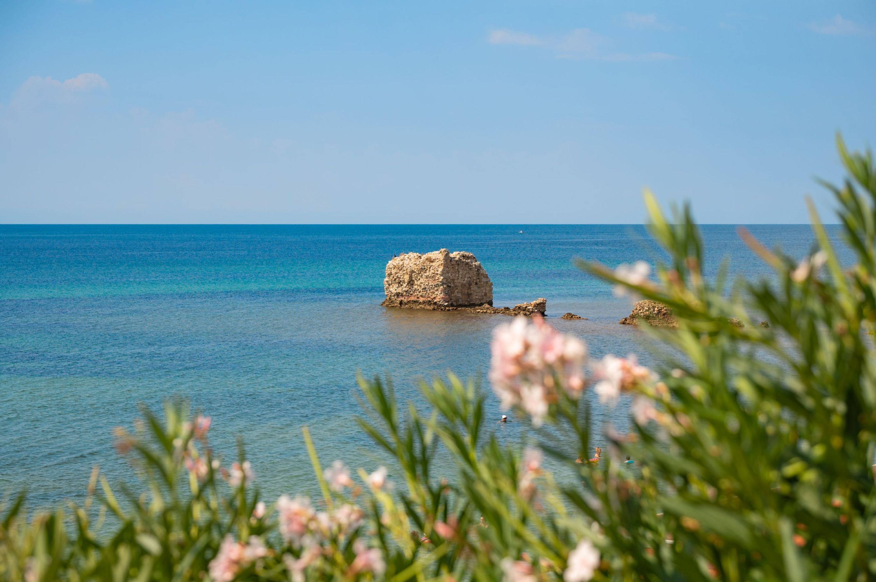 A coastal scene with a rock formation in the water, clear blue sea, and greenery in the foreground.