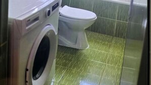 Une salle de bain équipée d’une machine à laver, de toilettes et d’une baignoire.