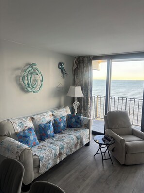 Living area - Direct Oceanfront Paradise: Private Bacony & On-Site Beach Bar at Royal Garden! (Murrells Inlet)