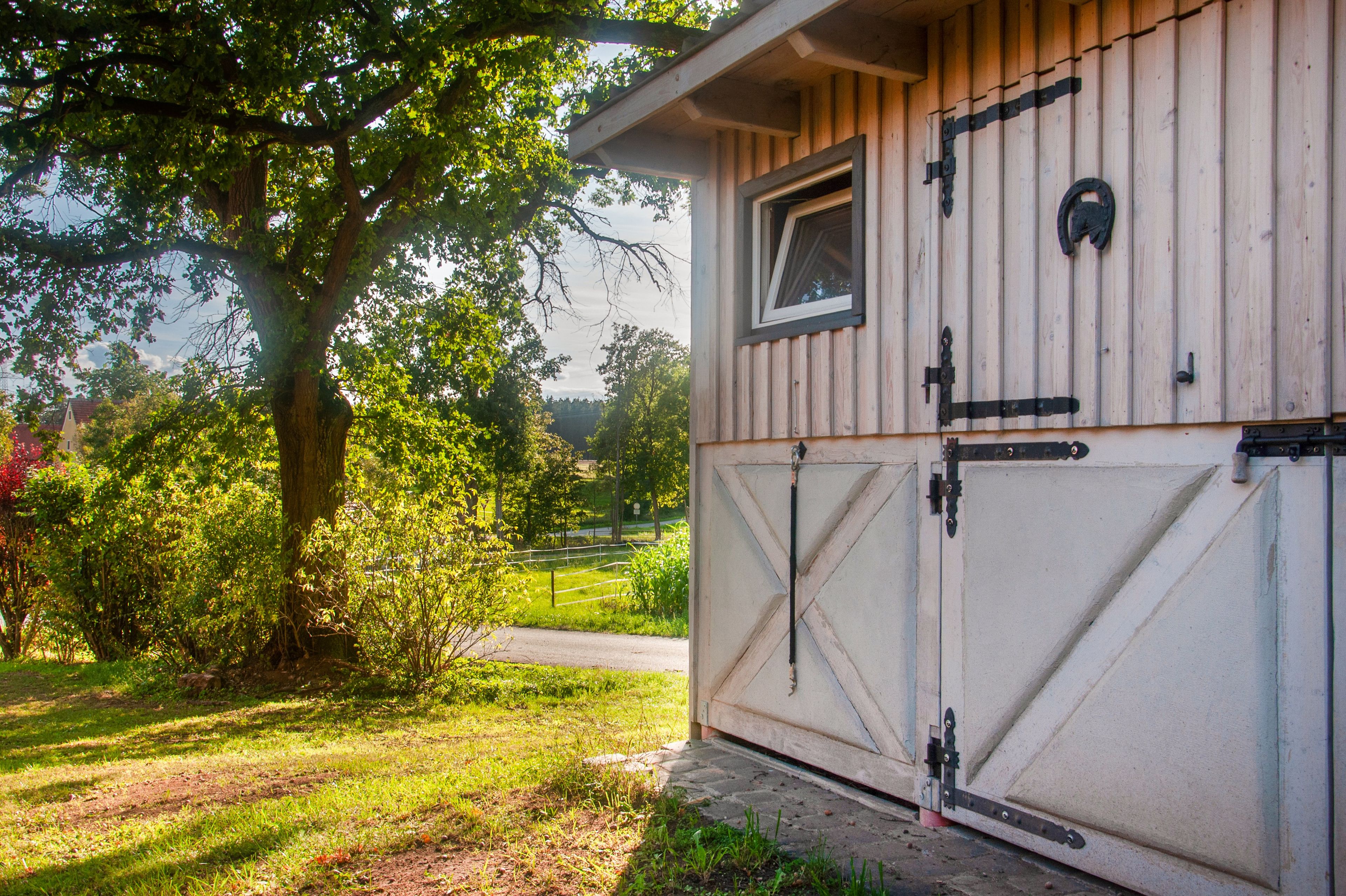 Un petit bâtiment en bois, doté d’une fenêtre et d’une porte, entouré de verdure et bordé d’un sentier.