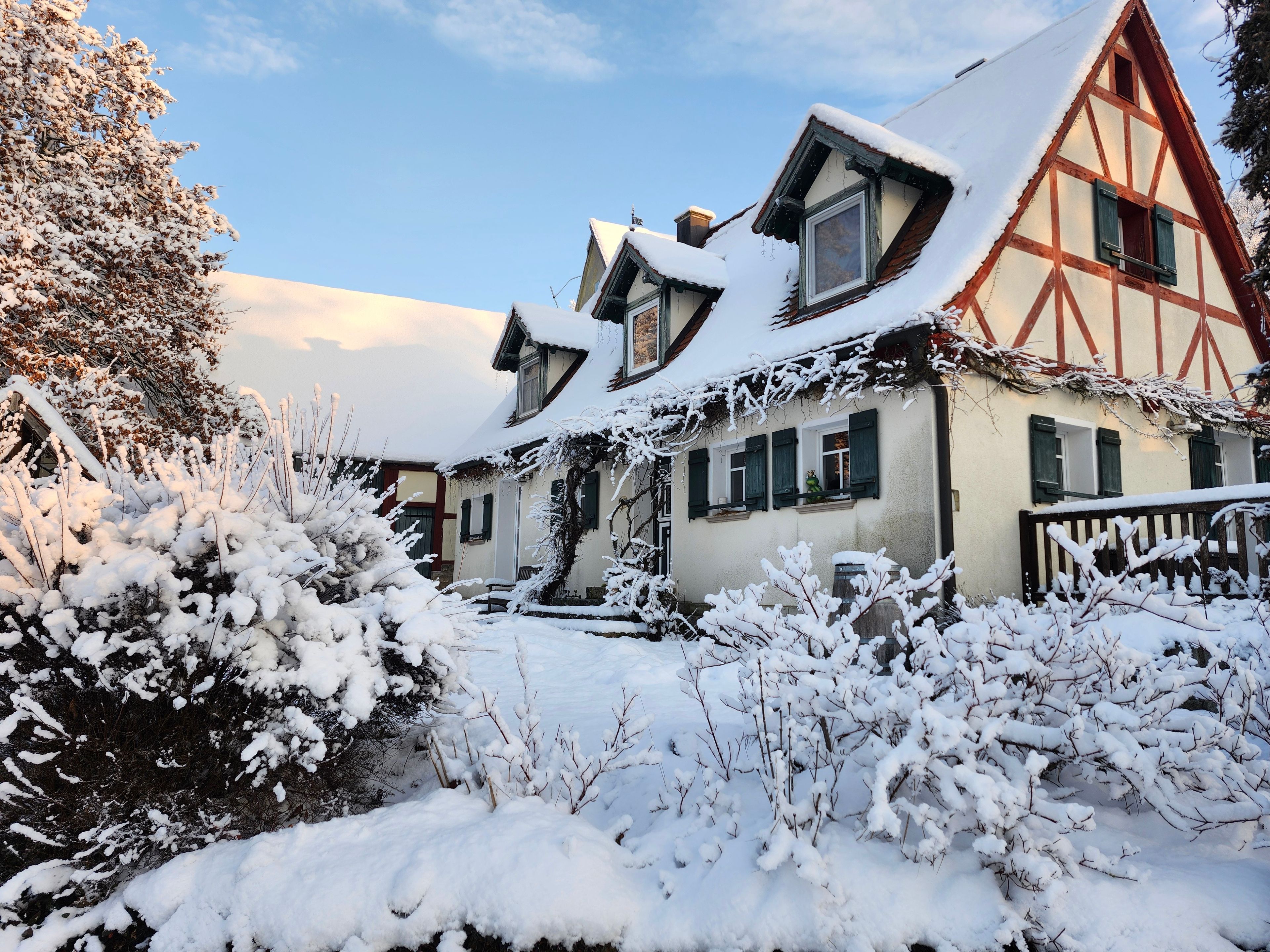 A traditional chalet with a steep roof, wooden beams, and a snow-covered garden.