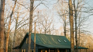 A cabin with a green roof, surrounded by trees. - Grace Farmhouse-12 ac,  hot tub, fire pit (Menlo)