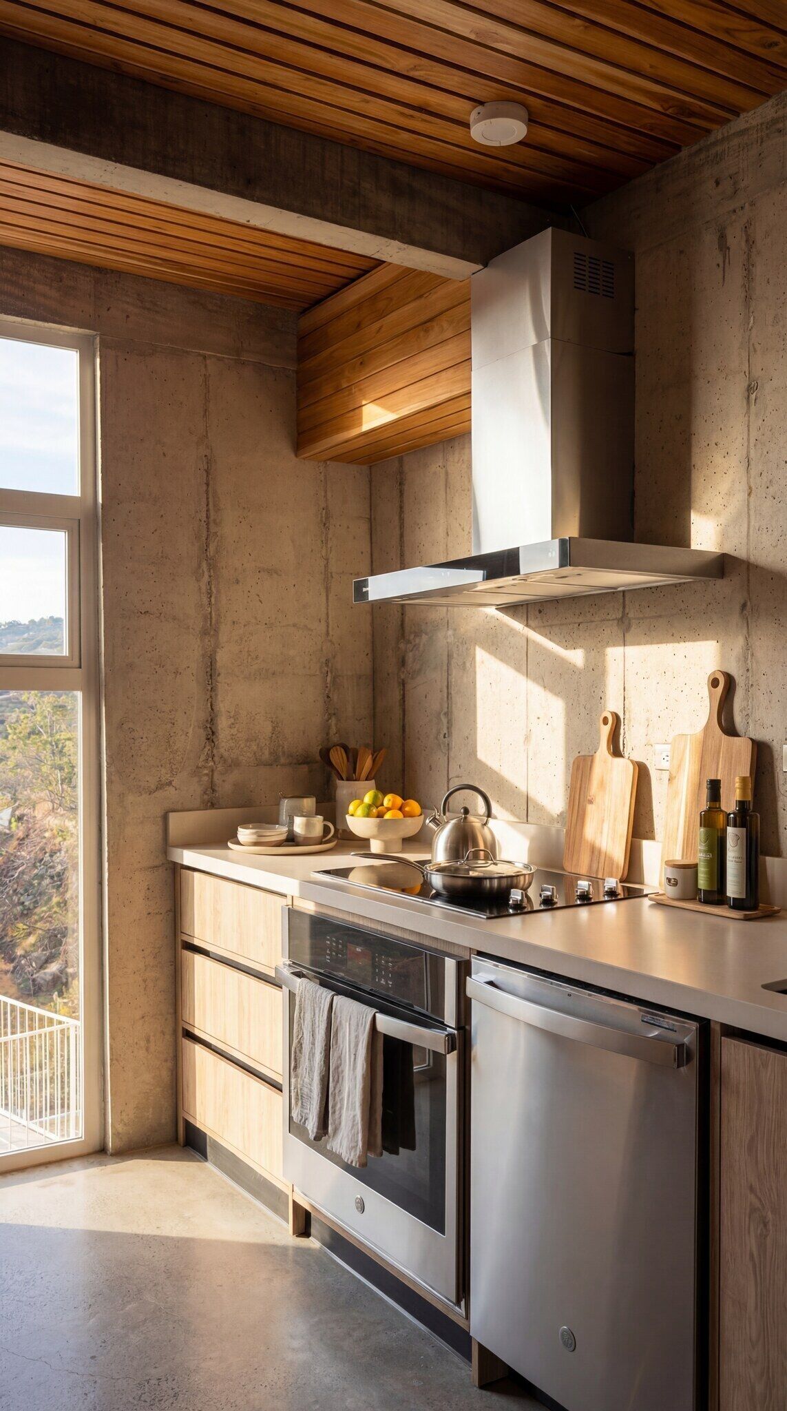 A modern kitchen with a large window, wooden ceiling, and stainless steel appliances.