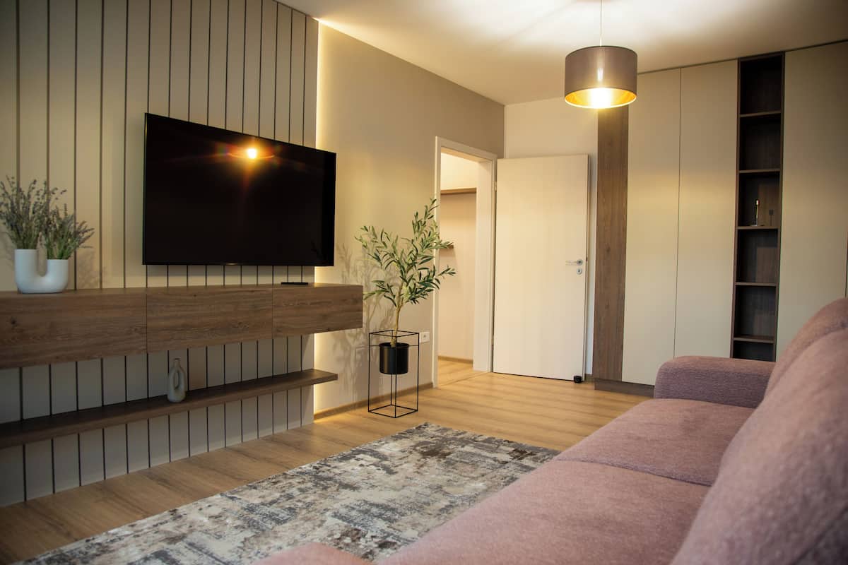 Un salon moderne avec un téléviseur à écran plat, des étagères en bois, une plante en pot, un canapé rose et un tapis à motifs.