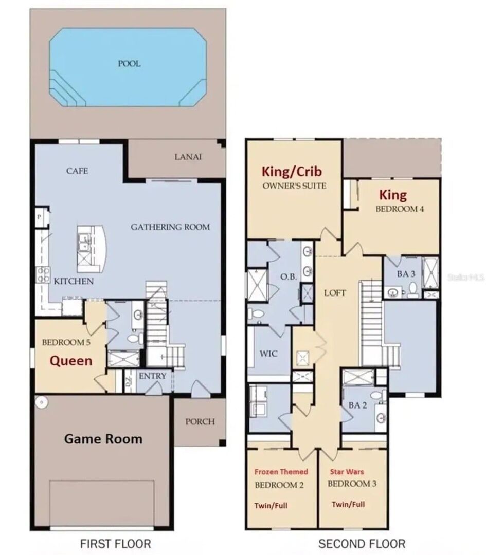 A hotel layout with a pool, first floor including a game room, gathering room, and kitchen, and second floor with multiple bedrooms, a loft, and a wic.