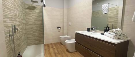 Shower, hair dryer, bidet, towels