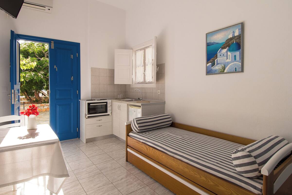 A compact room with a bed, a small table with a vase of flowers, a kitchenette, and a blue door.