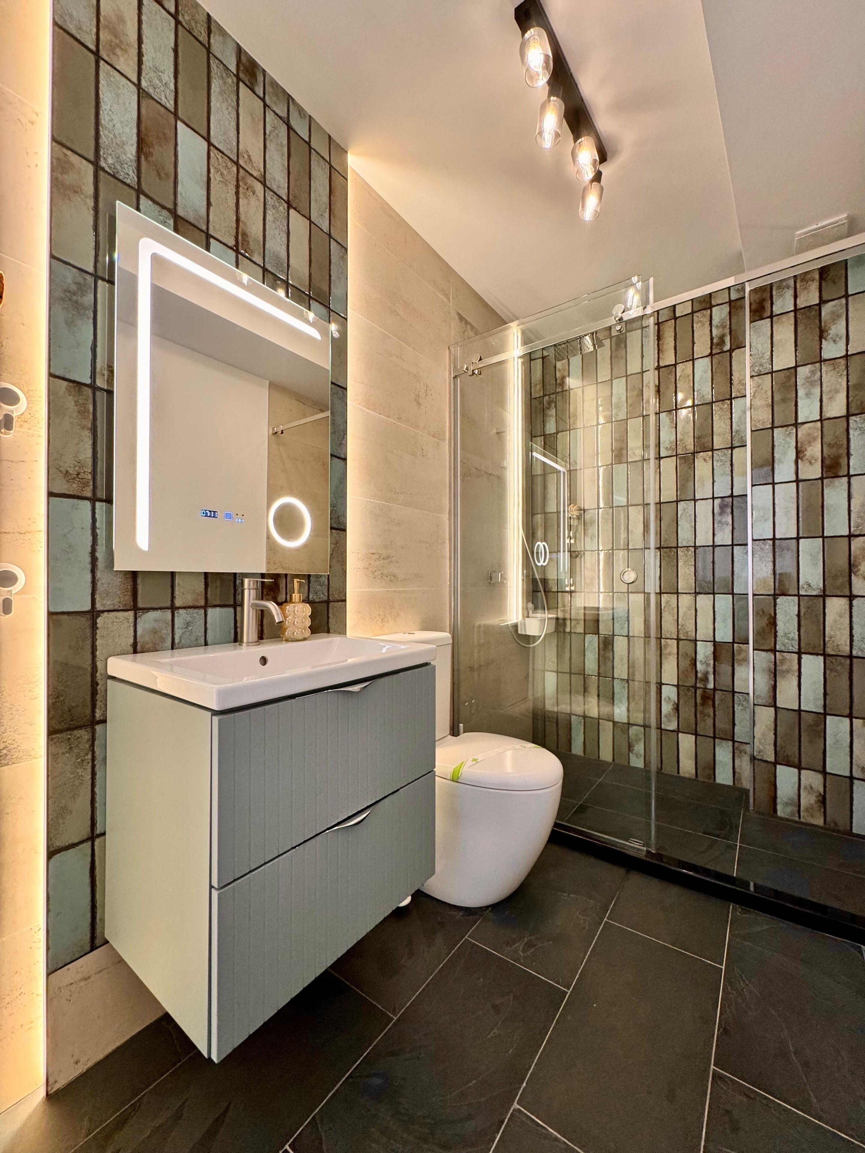 Chuveiro, secador de cabelo, toalhas de banho, sabonete