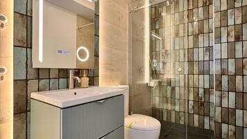 Douche, séchoir à cheveux, serviettes fournies, savon