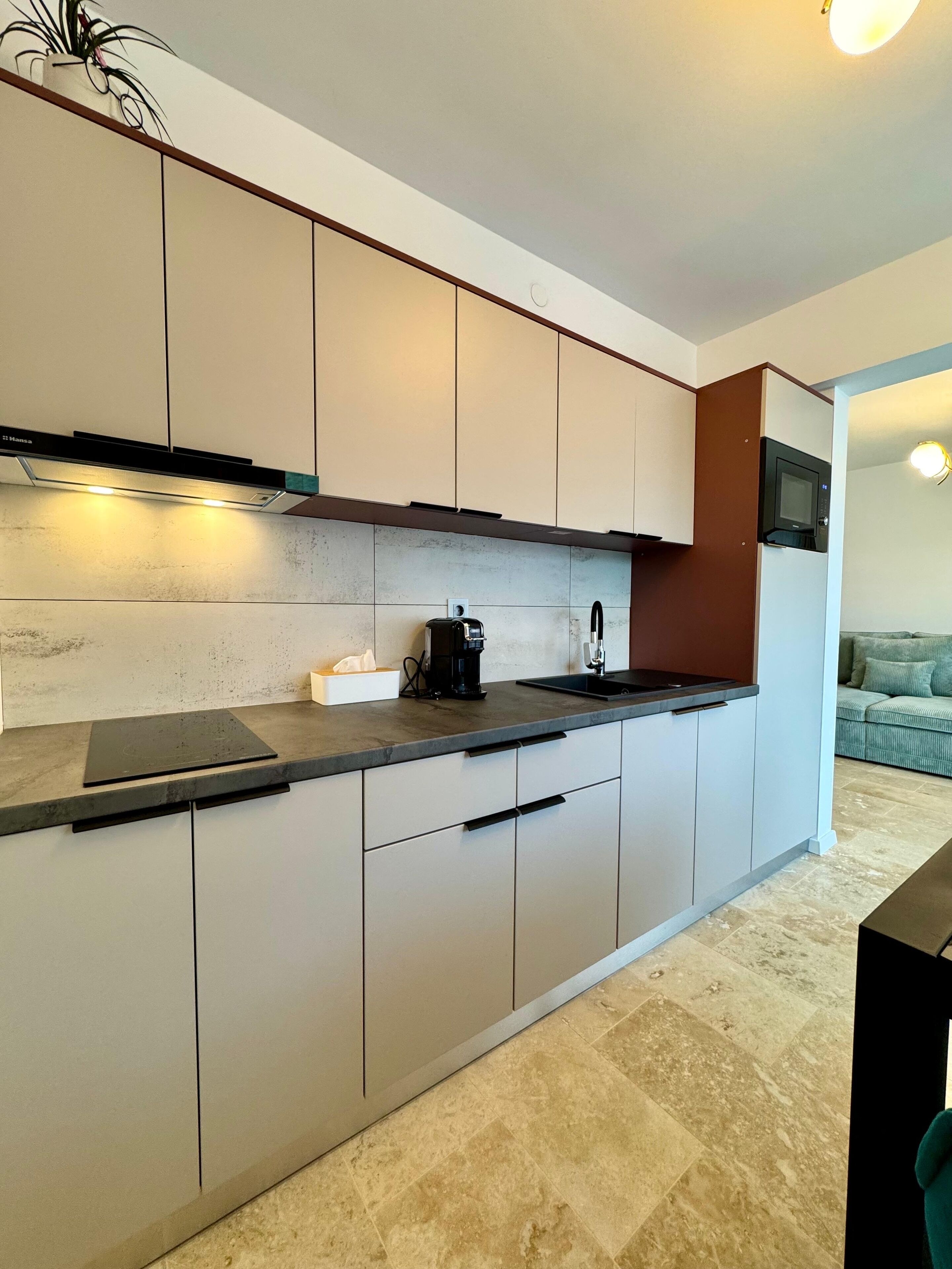 Een koelkast, een microgolfoven, een kookplaat