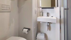 A modern bathroom with a toilet, a sink, a mirror, and a shower area. - Le Léo Lagrange de Foix (Foix)