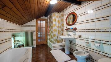 Shower, hair dryer, bidet, towels