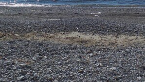 Una playa de guijarros con una vista despejada al mar y montañas distantes.
