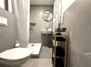 Dusche, Haartrockner, Handtücher, Seife