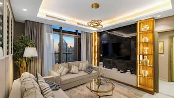 Deluxe-huoneisto, kaupunkinäköala | Oleskelualue | Leluja