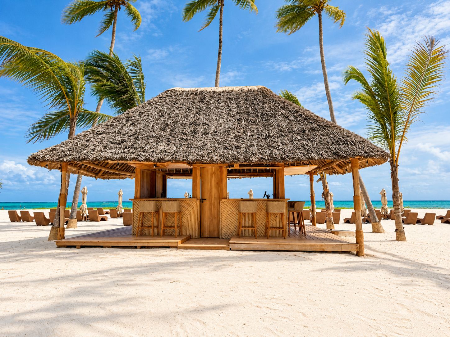 Una cabaña en la playa con techo de paja, zona de bar de madera y sillones de descanso.