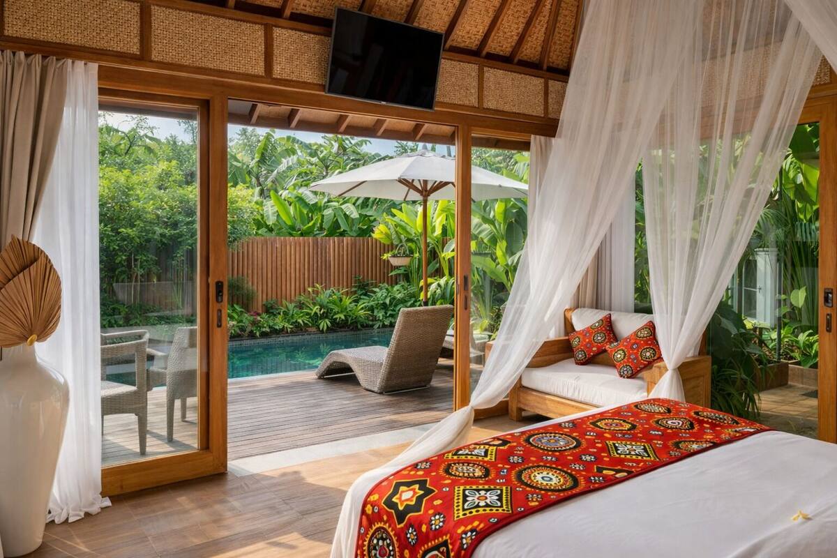 Ein Schlafzimmer mit Bett, Fernseher und Blick auf Pool und Garten.