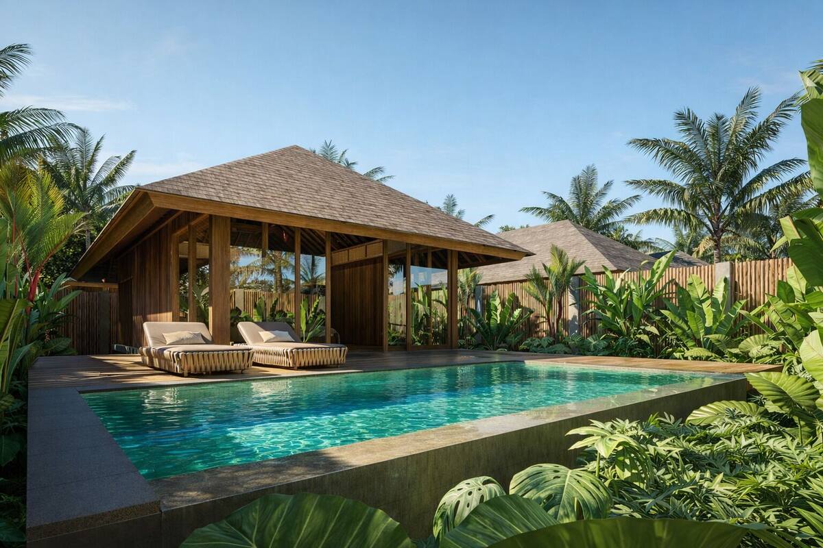 Ein Poolbereich mit zwei Liegestühlen und einer Holz-Pergola.