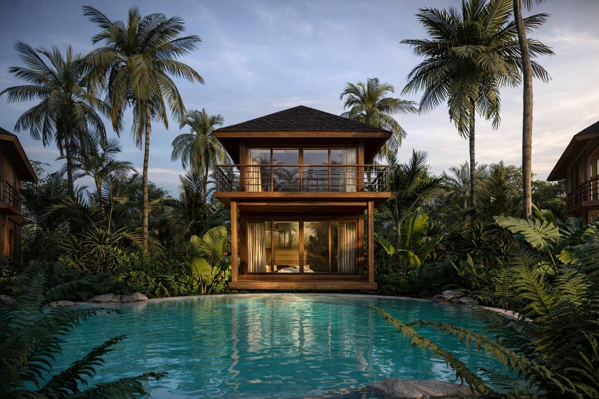Ein zweistöckiges Holzhaus mit Balkon, umgeben von üppiger tropischer Vegetation und einem Schwimmbad.
