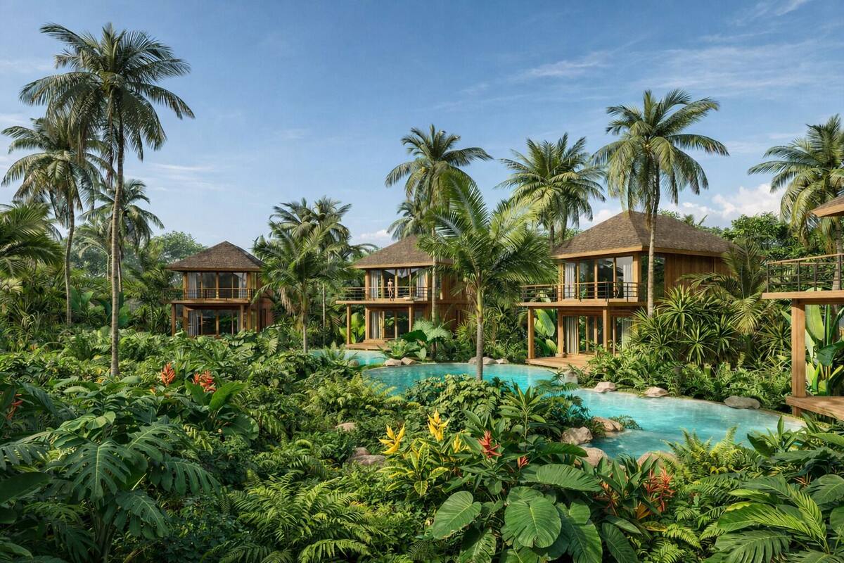 Ein Resort mit mehreren Holzhäuschen, umgeben von üppiger tropischer Vegetation und einem zentral gelegenen Pool.