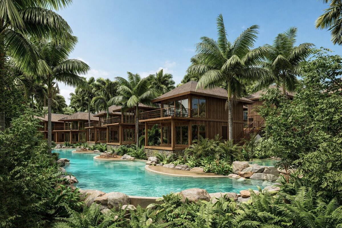 Ein Resort mit mehreren Holzhäusern, einem zentralen Swimmingpool und üppiger tropischer Vegetation.