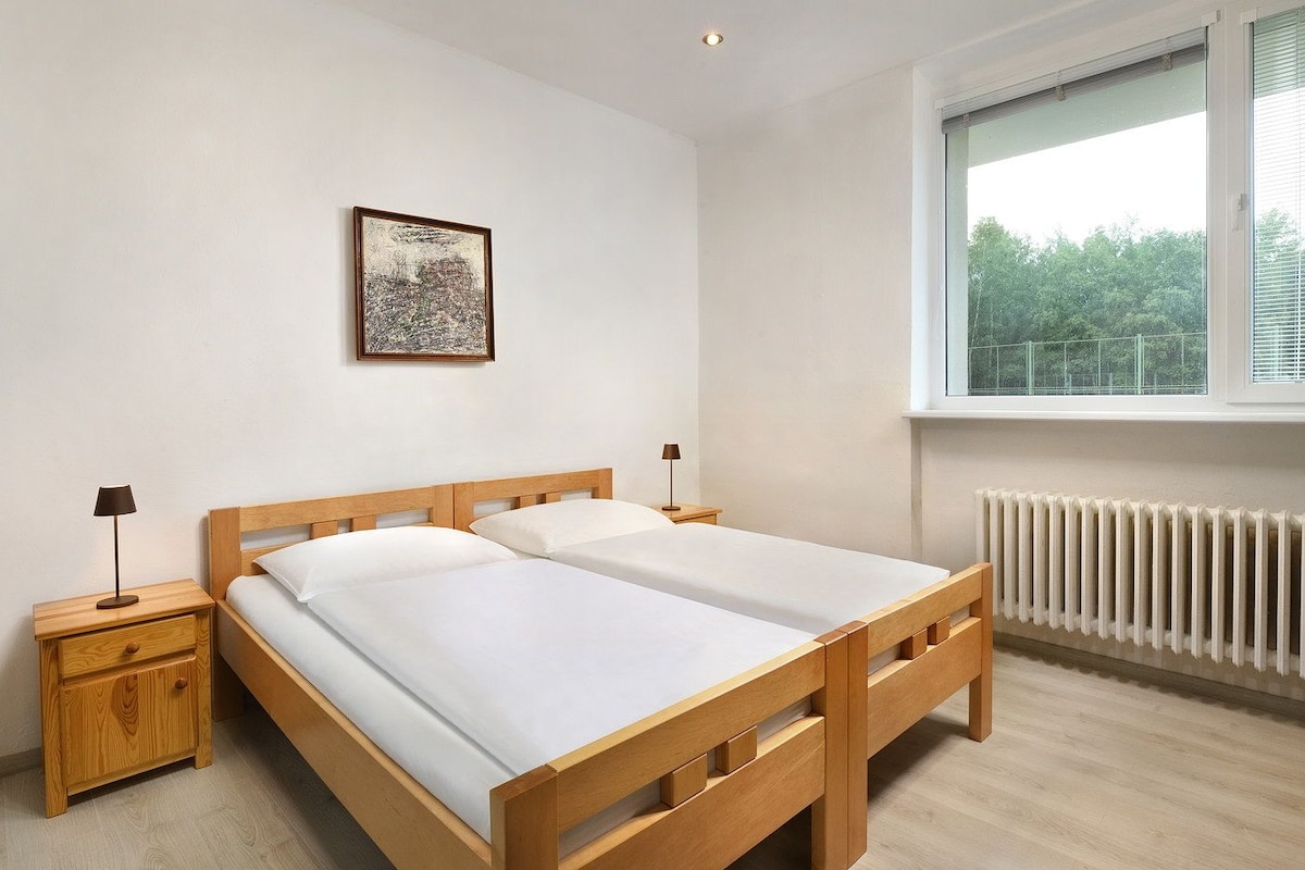 Ein Doppelbett mit Holz-Kopfteil und Fußteil, zwei Nachttische mit Lampen, ein gerahmtes Bild an der Wand und ein Fenster mit Blick auf Grünflächen.