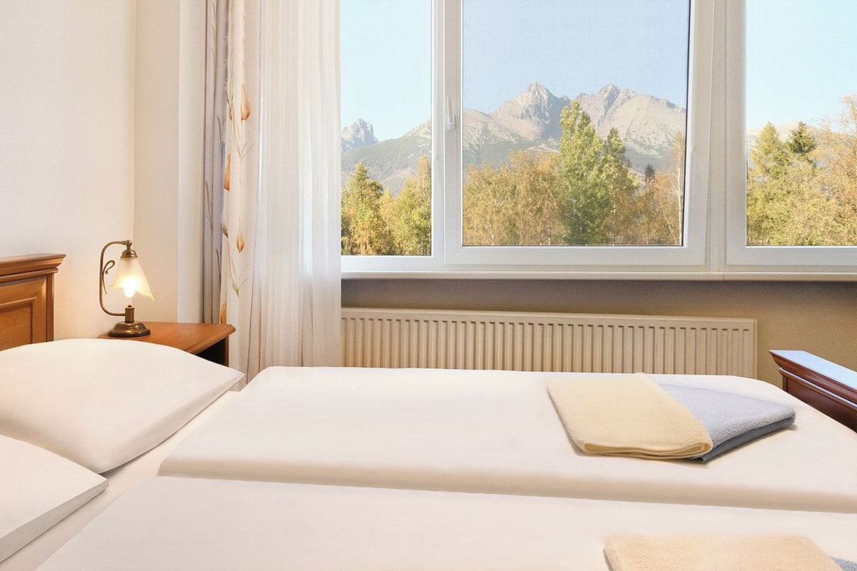 Ein Hotelzimmer mit zwei Betten, einem Nachttisch mit Lampe, einem Fenster mit Blick auf Berge und einer Heizung.