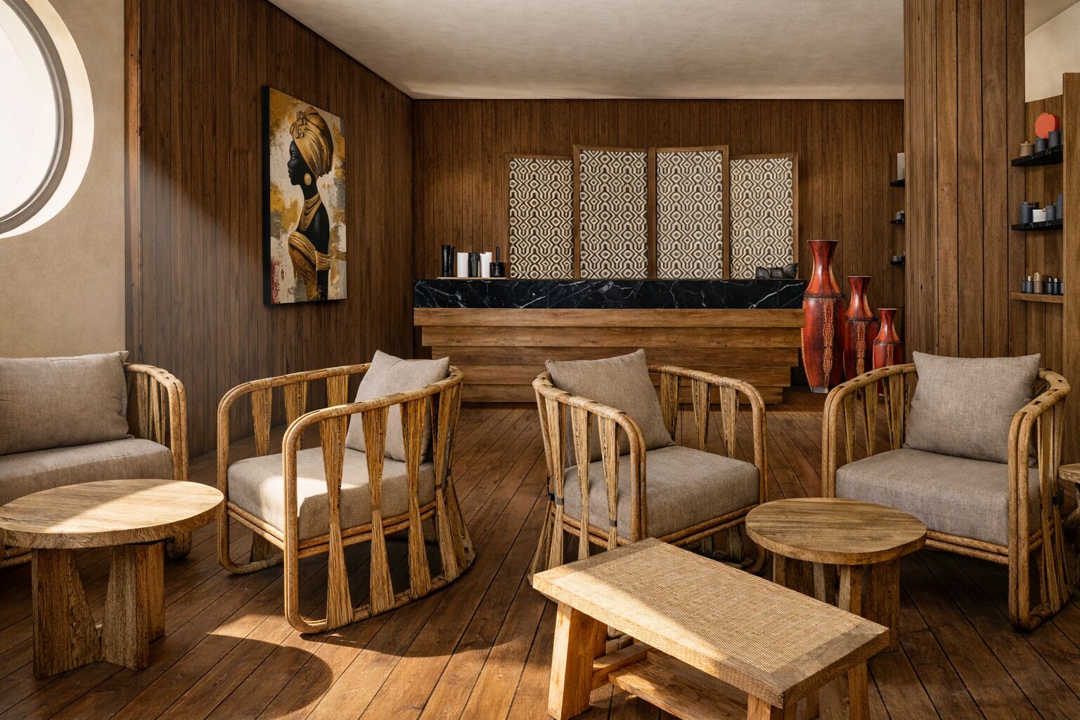 Eine gemütliche Lounge-Ecke mit Korbmöbeln, Holzboden und einer Wanddeko mit Gemälde und gemusterten Feldern.