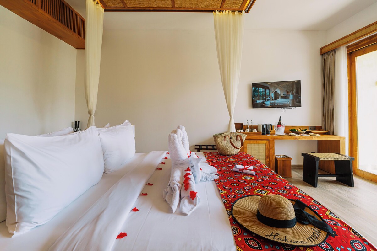 A hotel room with a bed, a desk, a television, and a window.