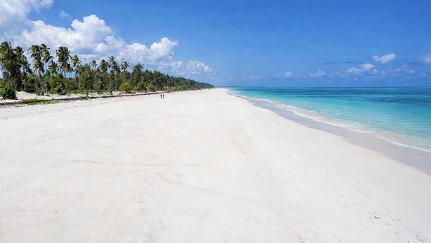 Une vaste plage de sable blanc, bordée de palmiers, où l’eau est d’un bleu turquoise et d’une clarté exceptionnelle.