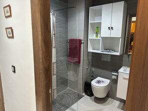 Regadera, toallas, jabón, papel de baño 