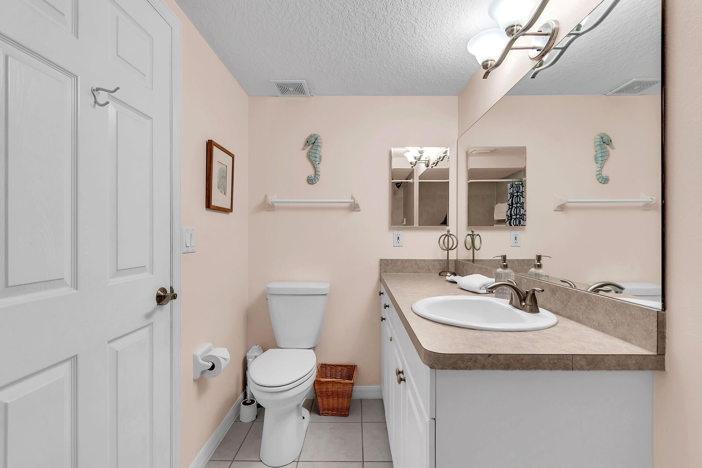 A bathroom with a white toilet, a sink with a mirror, and a seahorse decoration on the wall.