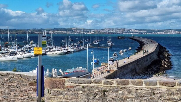 Un puerto deportivo con barcos amarrados, un muro de piedra y una vista despejada de la costa.