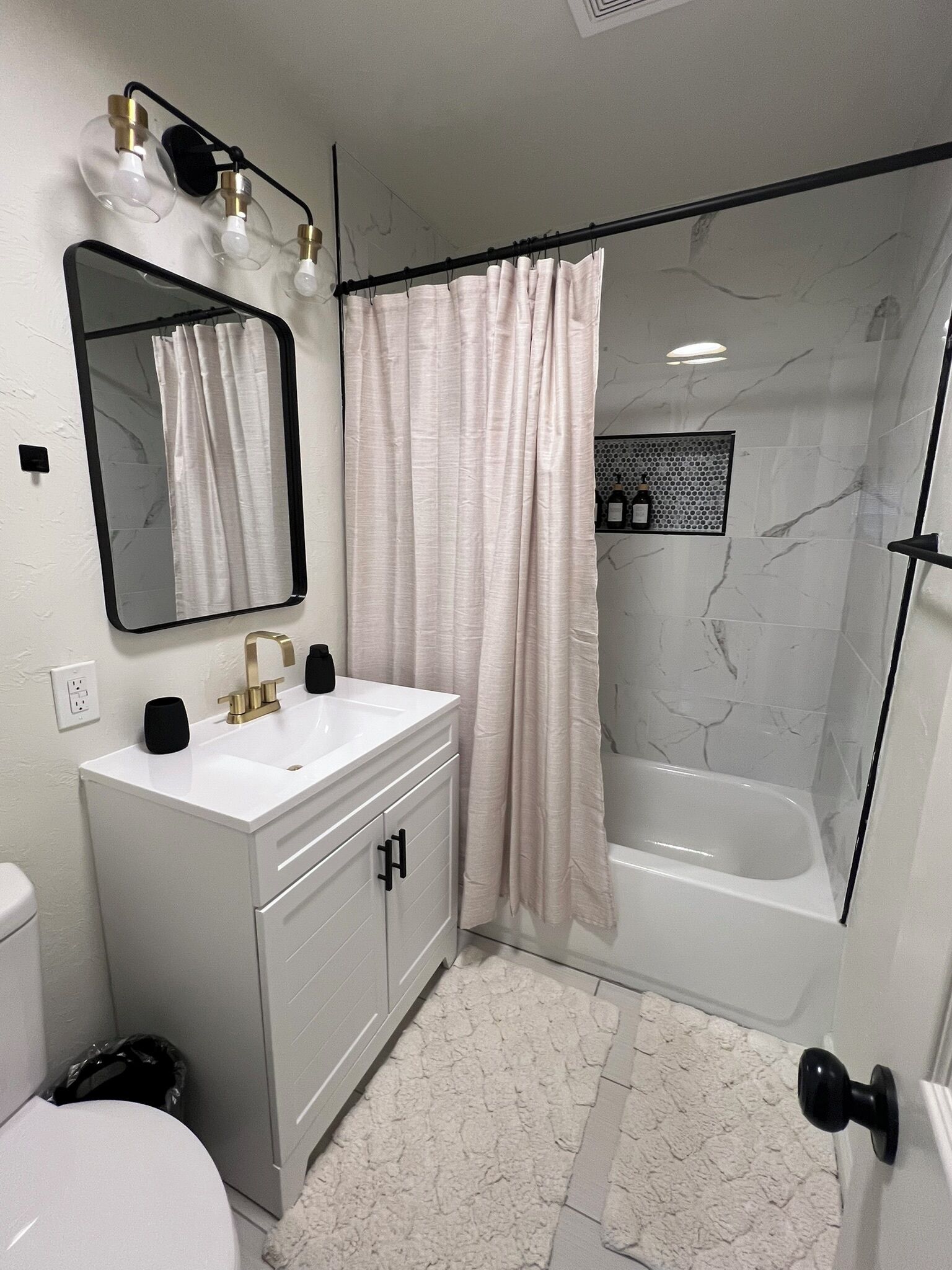 Hair dryer, towels, soap, shampoo