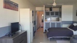 Een compacte hotelkamer met een bed, een bureau met een televisie, een kitchenette en een plafondventilator.
